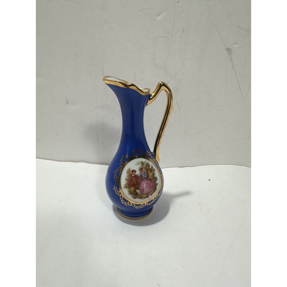 Limoges France Blue Cobalt / Gold Miniature Pitcher vase‎ W/ Courting Couple
